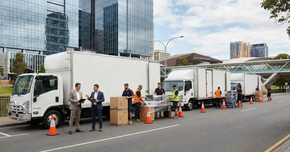 Corporate office relocation in Adelaide CBD with professional movers coordinating a structured business move inside the city.